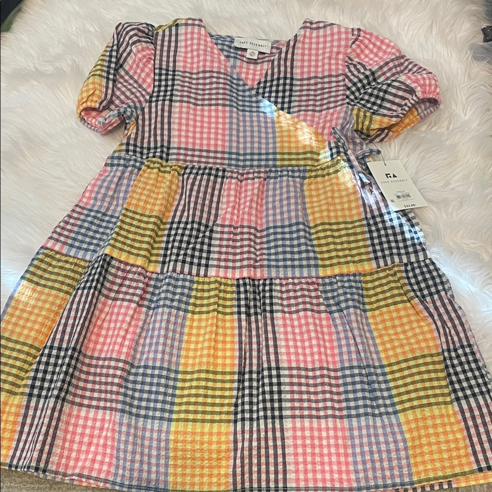 Toddler Plaid Tiered Dress in Pink, Yellow & Blue - Short Sleeve